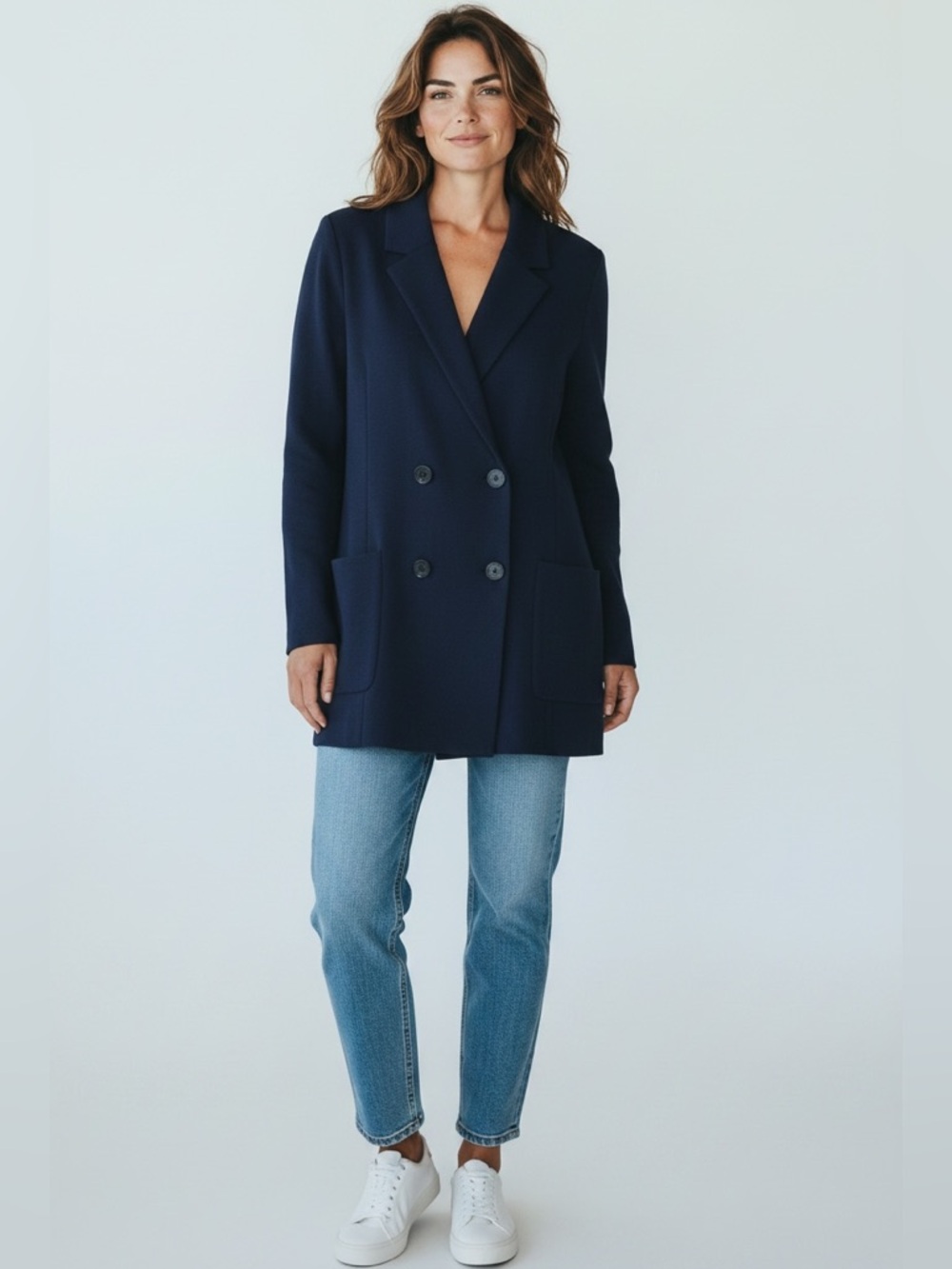 Ann Taylor Dark Navy Knit Double Breasted Oversized Blazer Size Medium